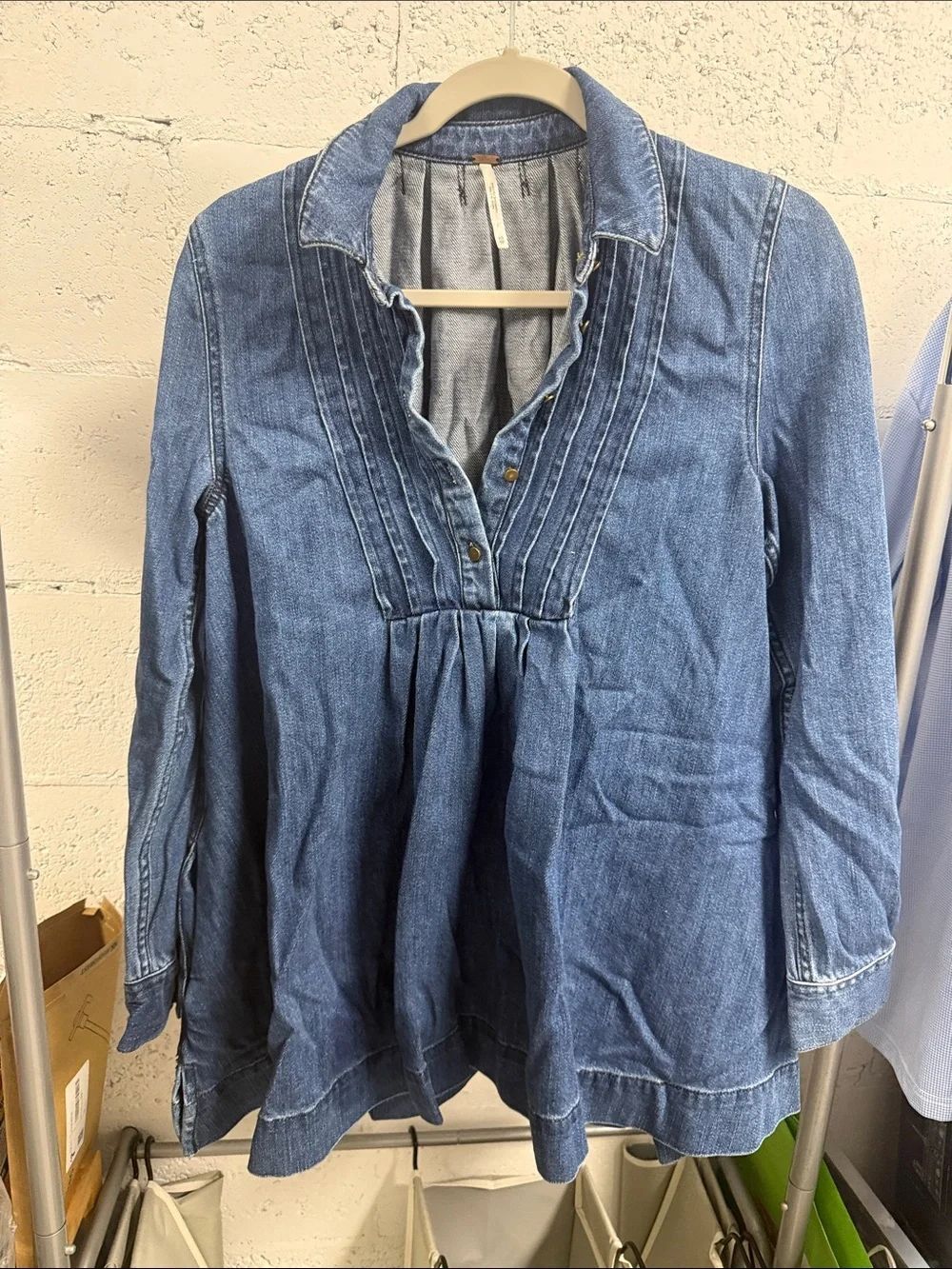 Denim Blue Women's Baby Doll Dress - Casual Pleated Front FREE PEOPLE Size XS